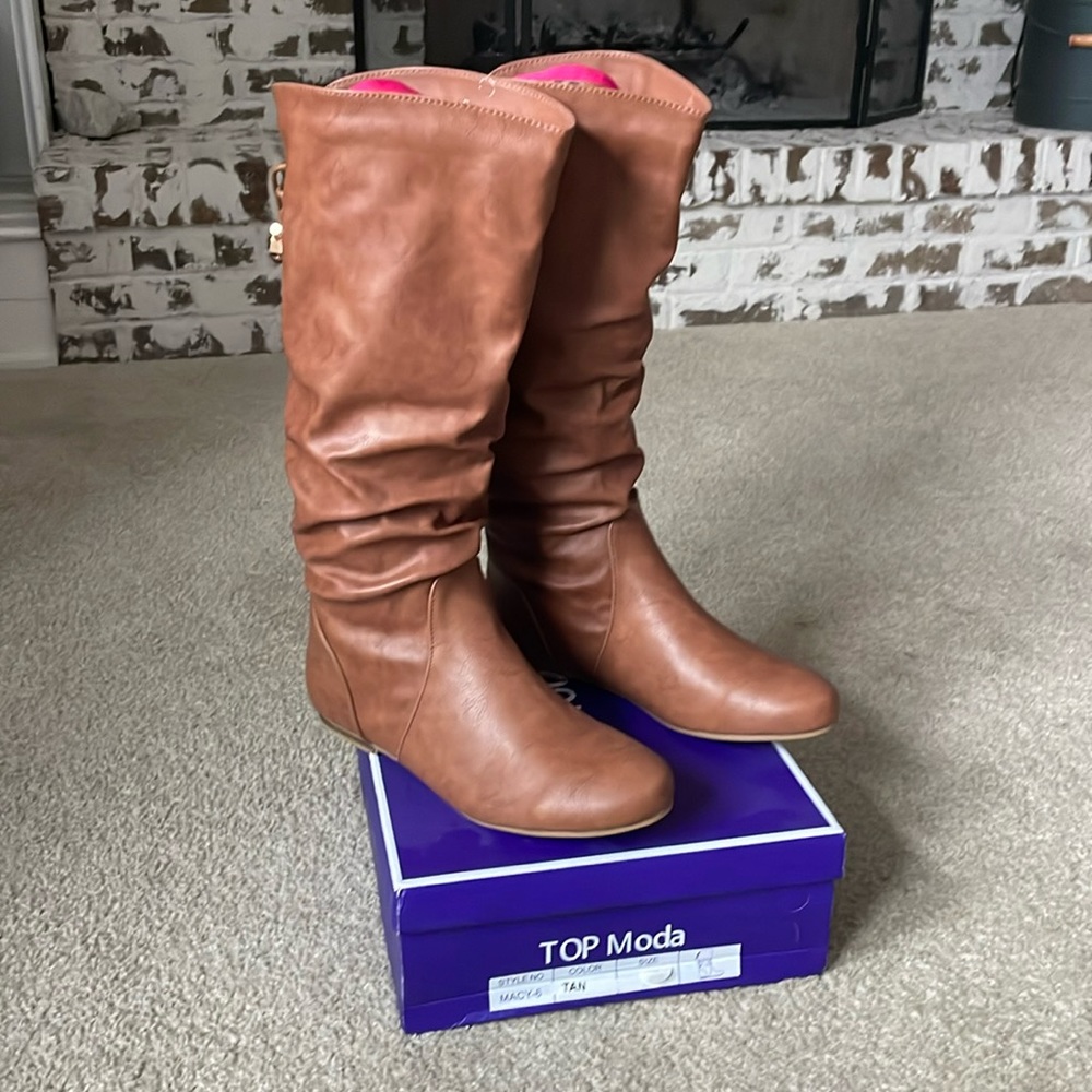TOP Moda Macy Flat Knee High Boots Tan Faux Leather